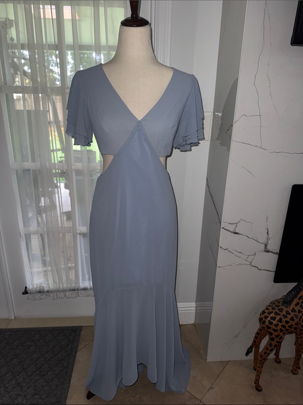 Elegant Cutout V-Neck Maxi Dress in Dusty Blue